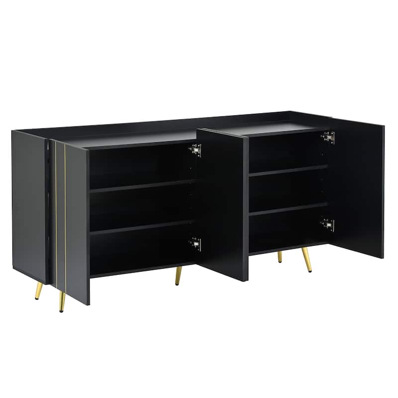 Black 62.9" TV Stand Cabinet with 5 Metal Legs, 4 Adjustable Shelves and Gold Lines Doors for TVs Up to 70"