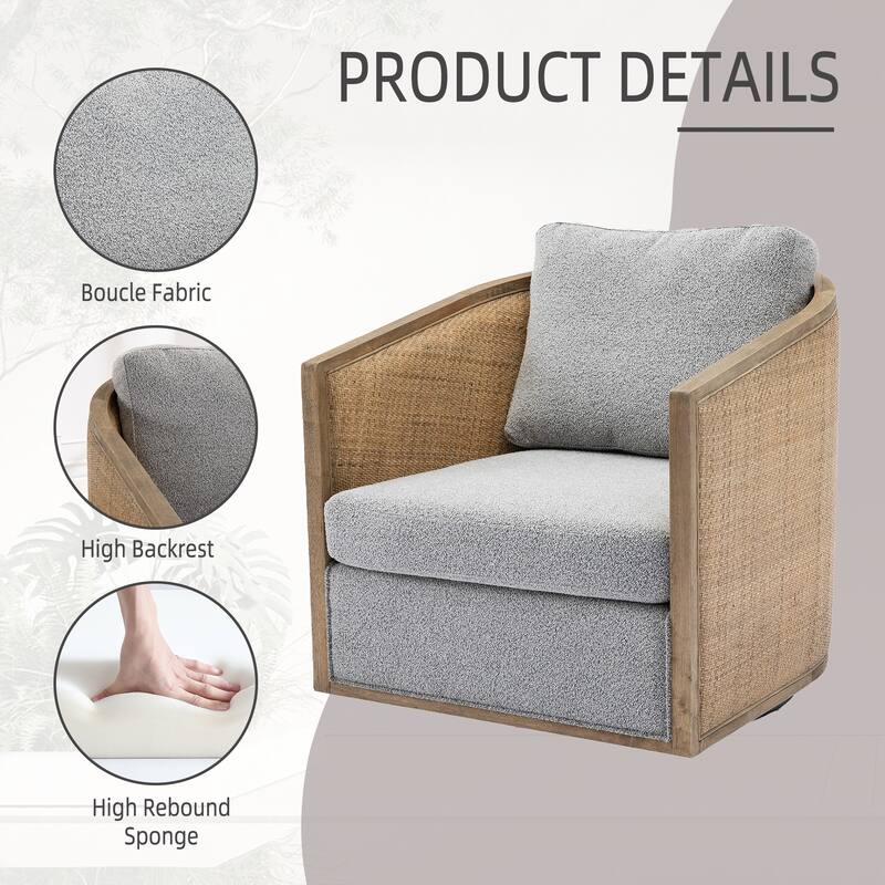 Boucle Upholstered Swivel Barrel Chair, Comfy Round Accent Sofa Chair, High Back Club Chair with Rattan Armrests