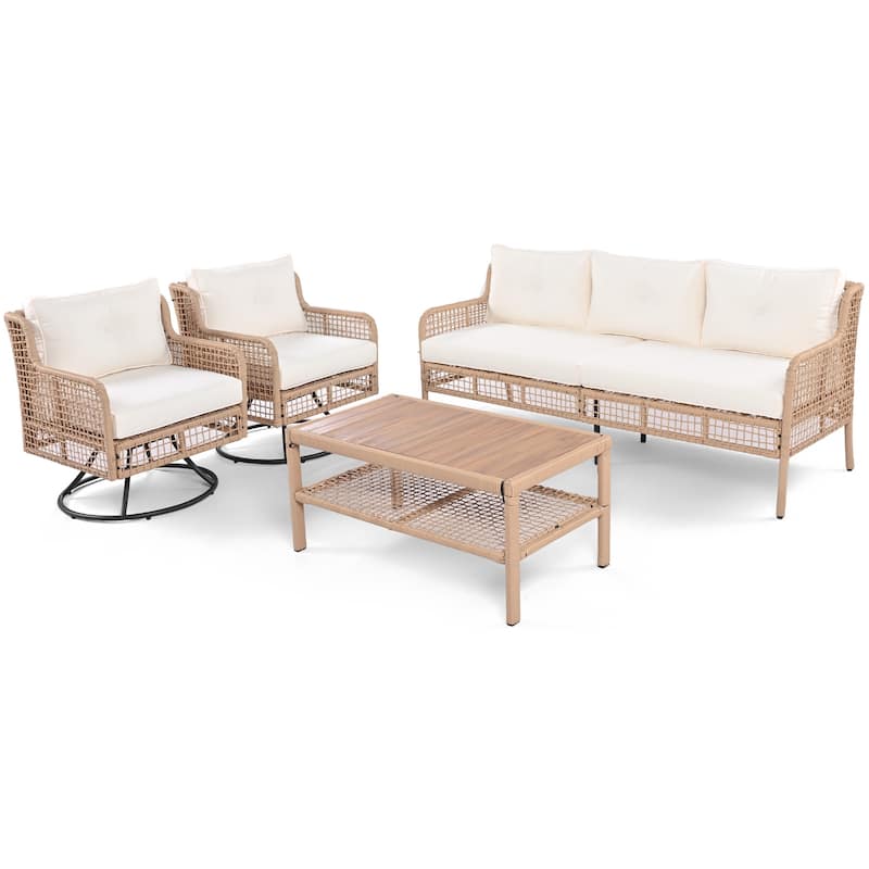 4 Pieces Patio Sofa Furniture Set 3-seater Sofa, 2 Swivel Chairs and Solid Wood Tabletop Coffee Table, Outdoor Conversation Set