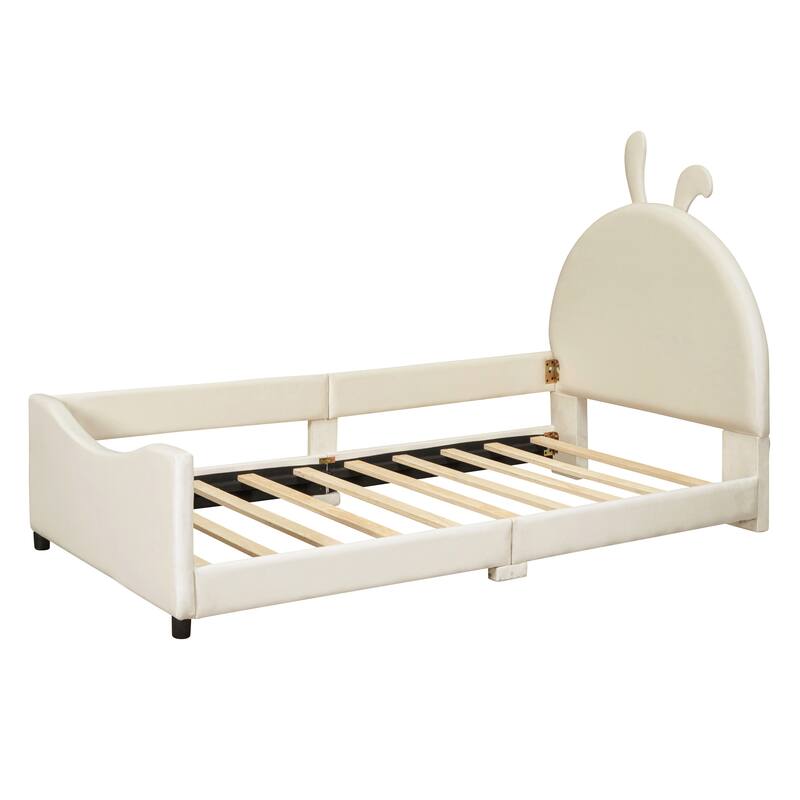 Playful Twin Daybed with Rabbit Ear Headboard, Velvet Upholstery, and Sturdy Wood Frame for Kids' Rooms