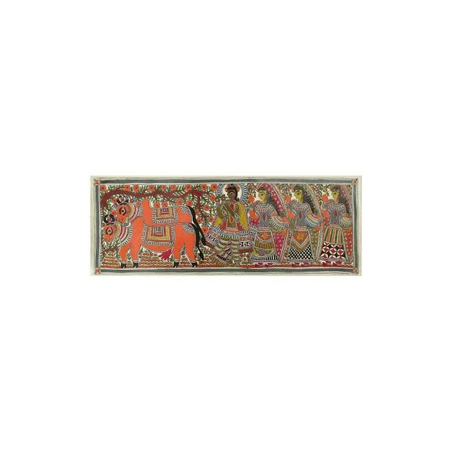 Handmade Krishna The Cowherd Madhubani Painting (India) - primary or jewel colors - 11" x 29.5"