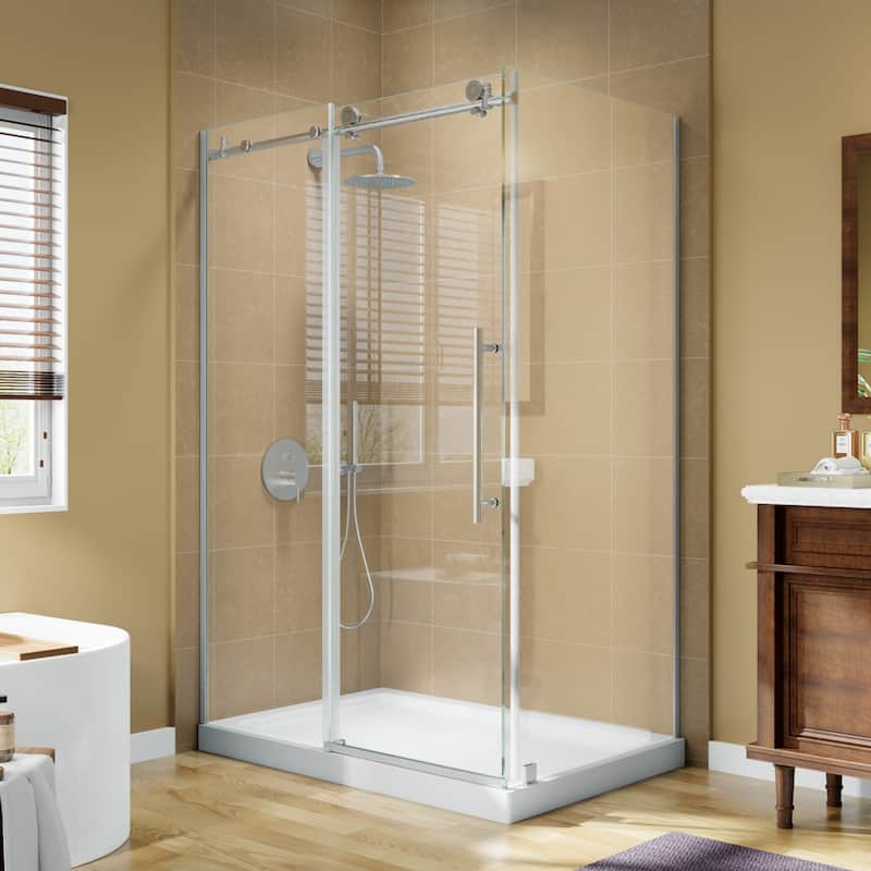 Modland 44-48" x 72'' Semi-Frameless Sliding Shower Enclosure - 3/8" SGCC Glass, Matte Black/Brushed Nickel