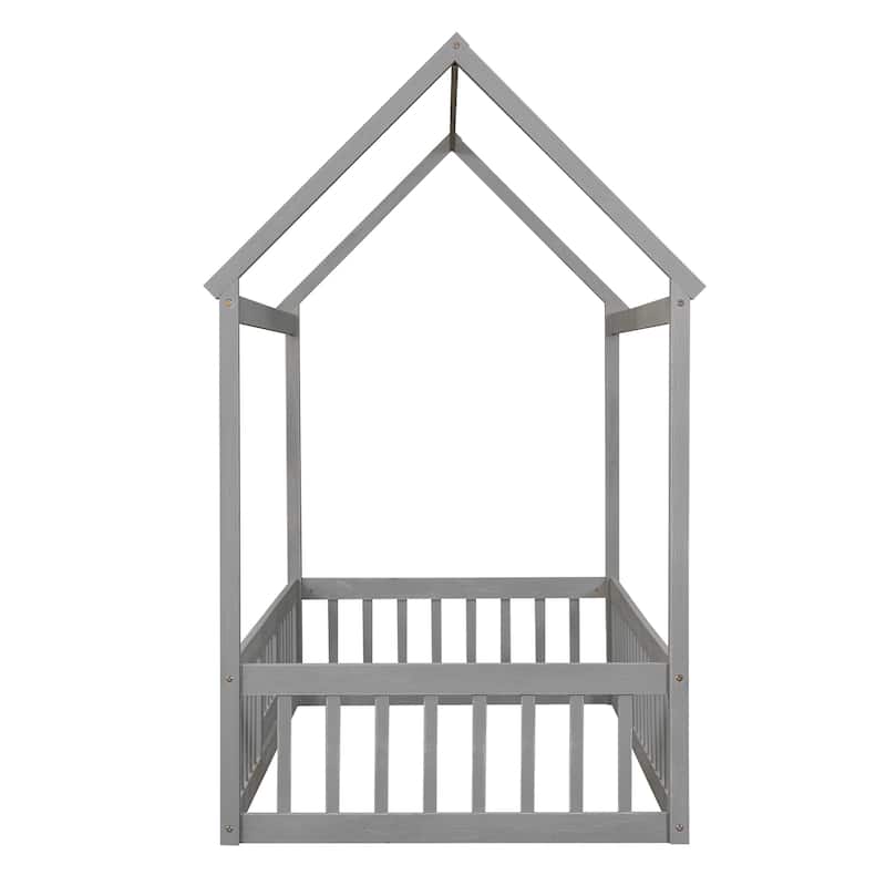 Twin Size Wood House Bed with Fence and Door