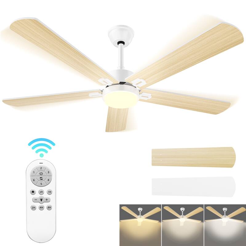Modern Farmhouse Large Ceiling Fan with Integrated Light and Remote, Ceiling Fan with Timer and 6-speed Wind