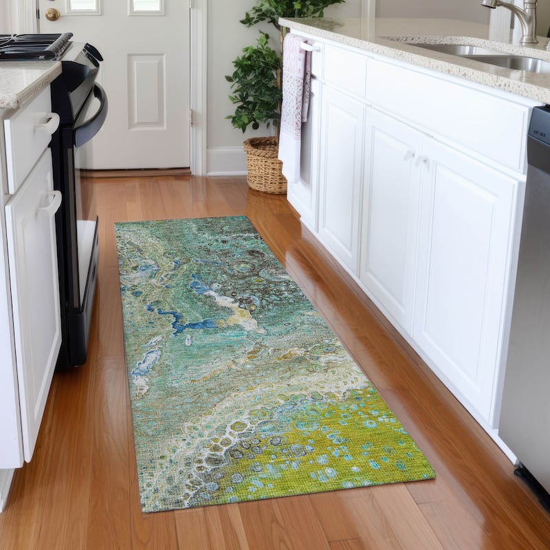 Machine Washable Indoor/ Outdoor Chantille Modern Abstract Rug - Teal - 2'3" x 7'6"