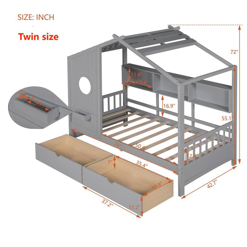 House Bed with 2 Drawers and Storage Shelf