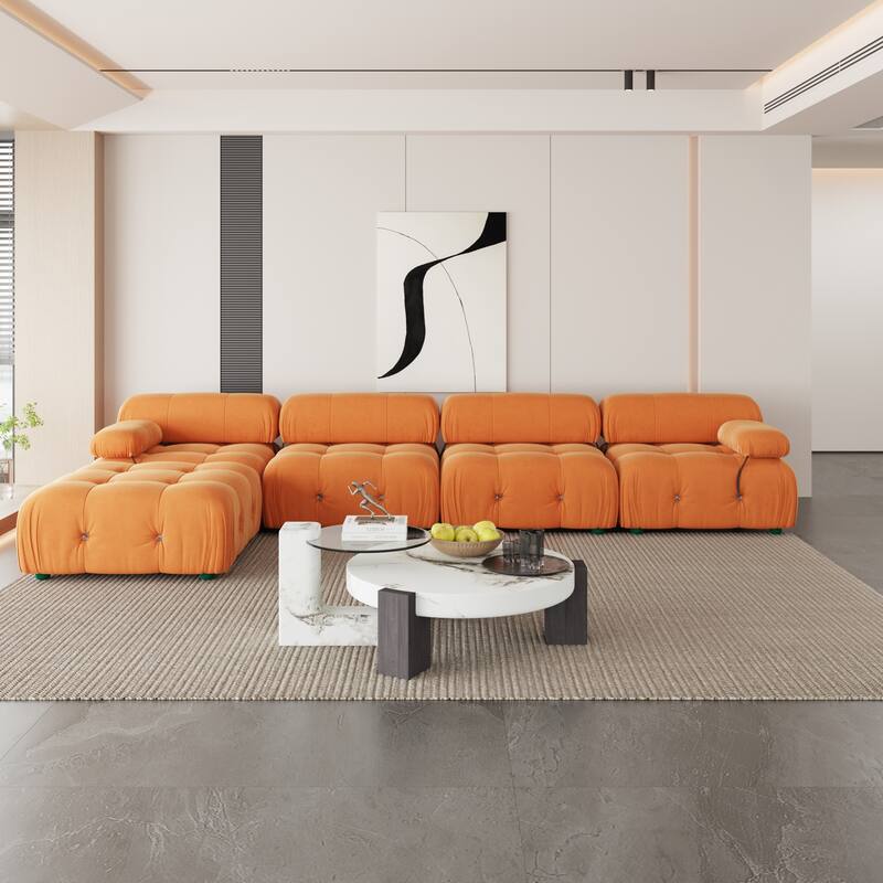 L-Shaped Velvet Sectional Sofa with Ottoman - Orange(4seats+1ottoman)