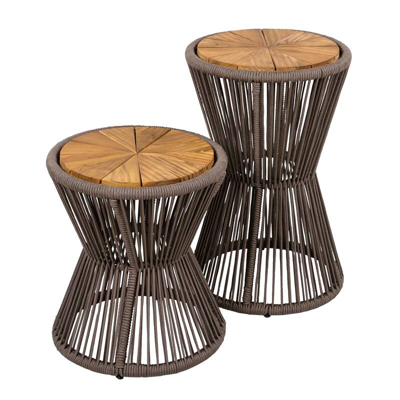 Scott Living - Nara Modern Outdoor Acacia Wood and Woven Rope Sculptural Side Table, Set of 2 - 32.28"L