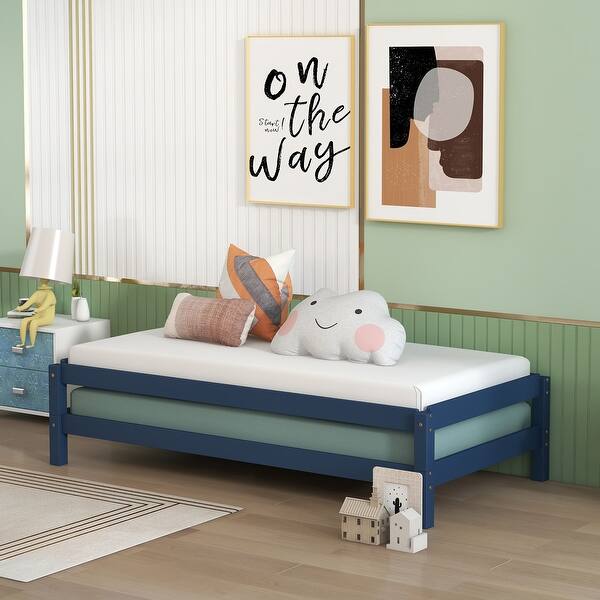 slide 2 of 29, Twin Size Two Solid Platform Stackable Single beds with Wood Slats,Space saving Blue