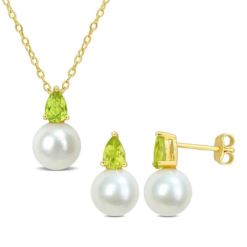 Miadora Cultured Freshwater Pearl 1 1/4ct TGW Peridot Pendant Chain Earrings Set Yellow Silver
