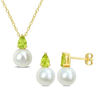 Miadora Cultured Freshwater Pearl 1 1/4ct TGW Peridot Pendant Chain Earrings Set Yellow Silver
