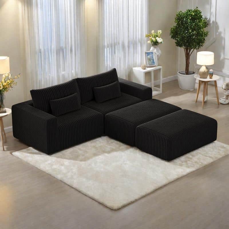 102" Corduroy Cloud Lounge Sectional with 2 Removable Footstools, No-Assembly Plush Chaise & Backrest Support - Black