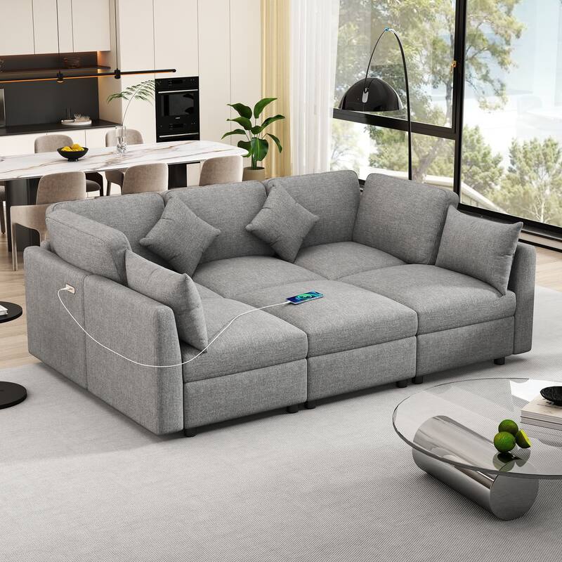 85.4" Modular U/L-shaped Sofa Bed with Ottoman & Two USB Ports, Light Grey Chenille