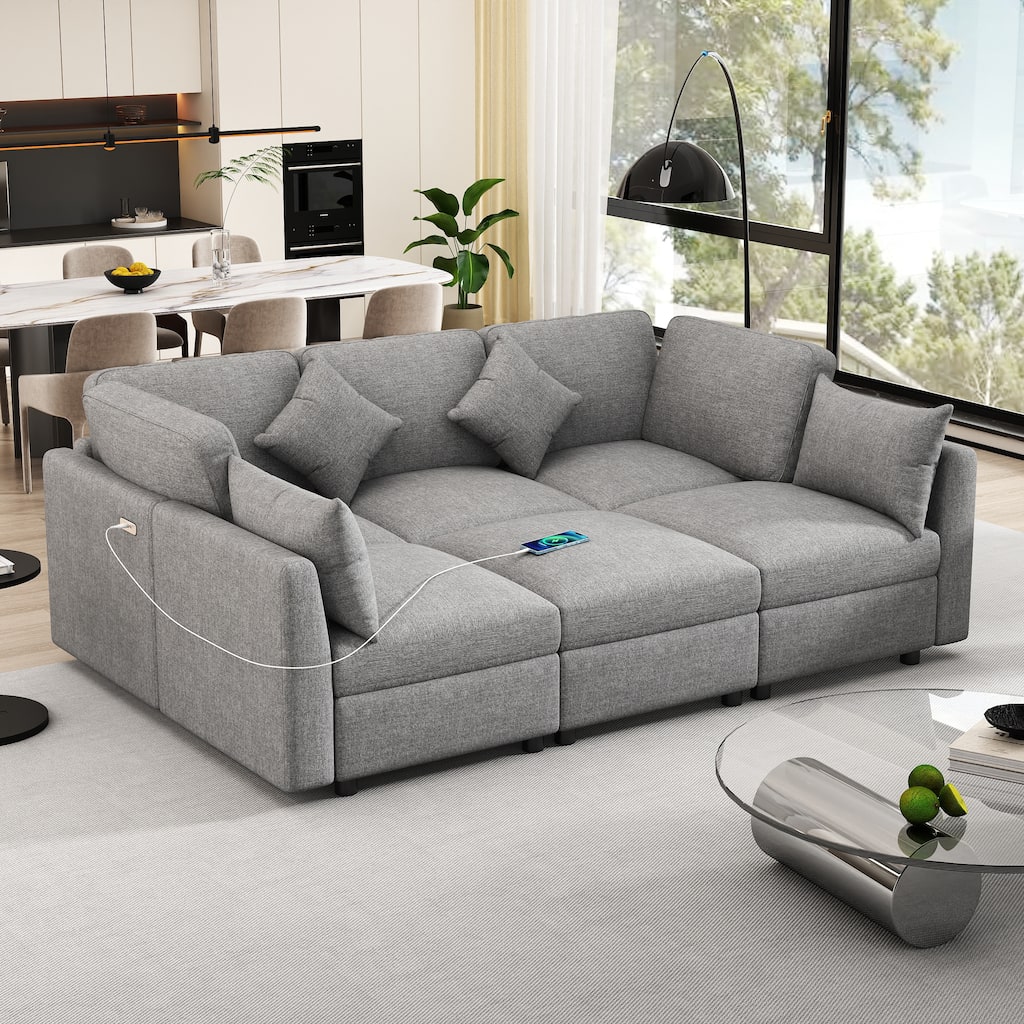 U-shaped Sofa Modular Sectional Sofa with Movable Ottoman and 2 USB Ports Sleeper Recliner Sofa Couch for Living Room