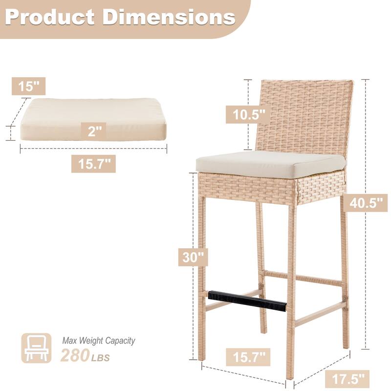 Rattan Bar Stools Set of 2, Armless Wicker Bar Stools with Cushions, All-Weather Outdoor Bar Height Stools for Patio, Poolside