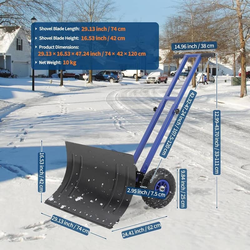 29.13x16.54 in Heavy Duty Rolling Snow Pusher Shovel for Driveway, Doorway, Sidewalk