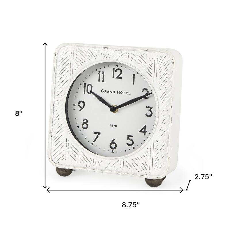 HomeRoots 9" White Iron Square Table Clock - 8.00 in. x 8.75 in. x 2.75 in.