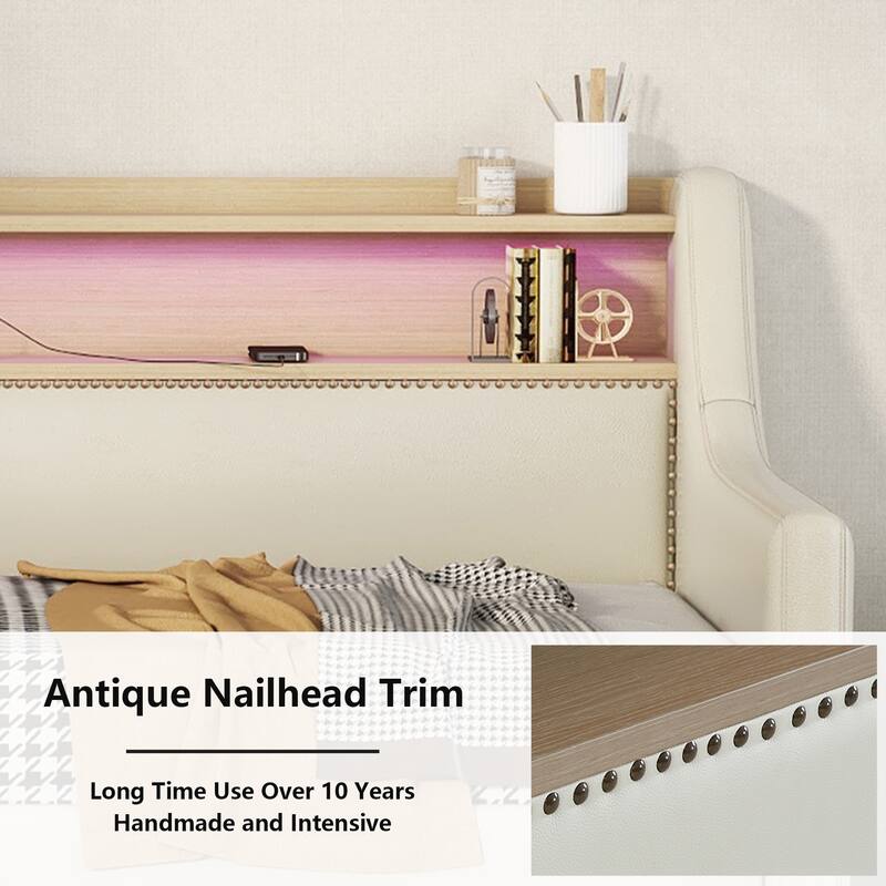 Twin Size Daybed with Storage Drawers, LED Lights, Charging Station, and Upholstered Design