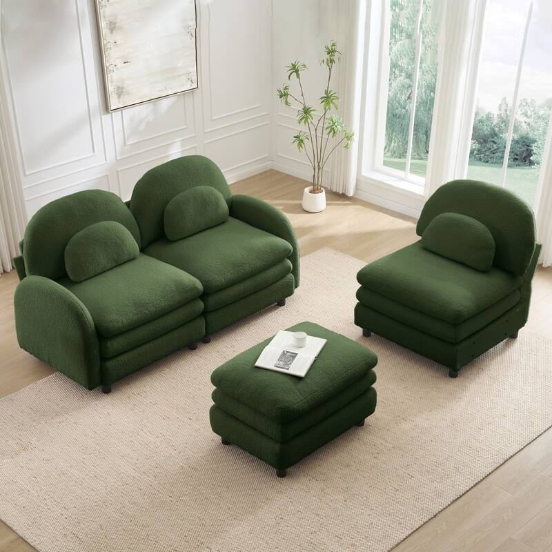 98.2" Teddy Fabric Sectional Sofa with Curved Pillows and Ottoman