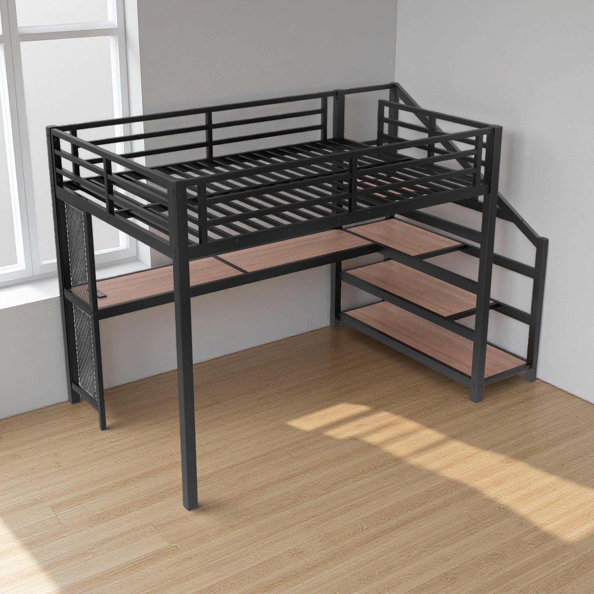 Full Size Metal Loft Bed with Desk, Storage Stairs, LED Lights, USB Ports and Iron Nets