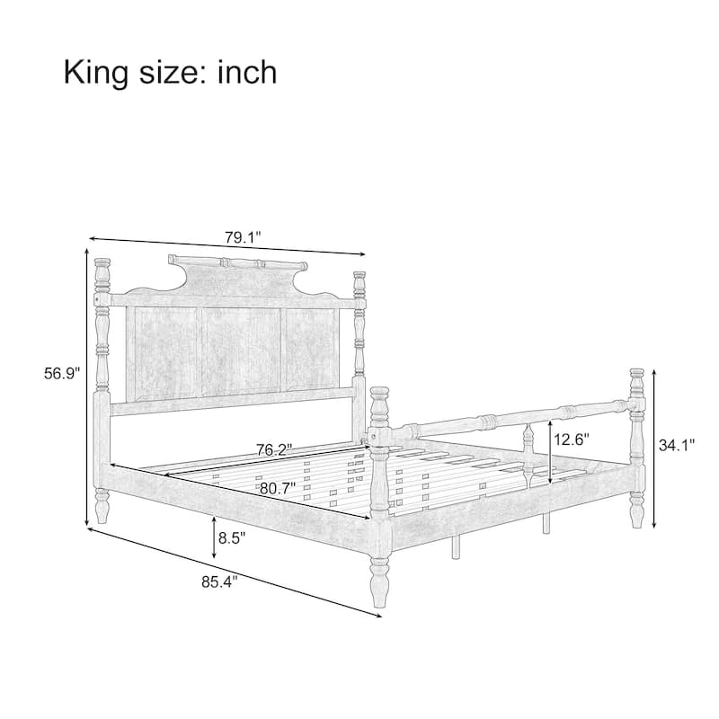 Vintage Country Style Wood King Size Platform Bed - White