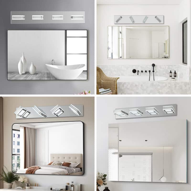 26" Modern Chrome 4-Light LED Vanity Light, Square Acrylic Lampshades Wall Mount Fixture for Bathroom, Mirror Lighting