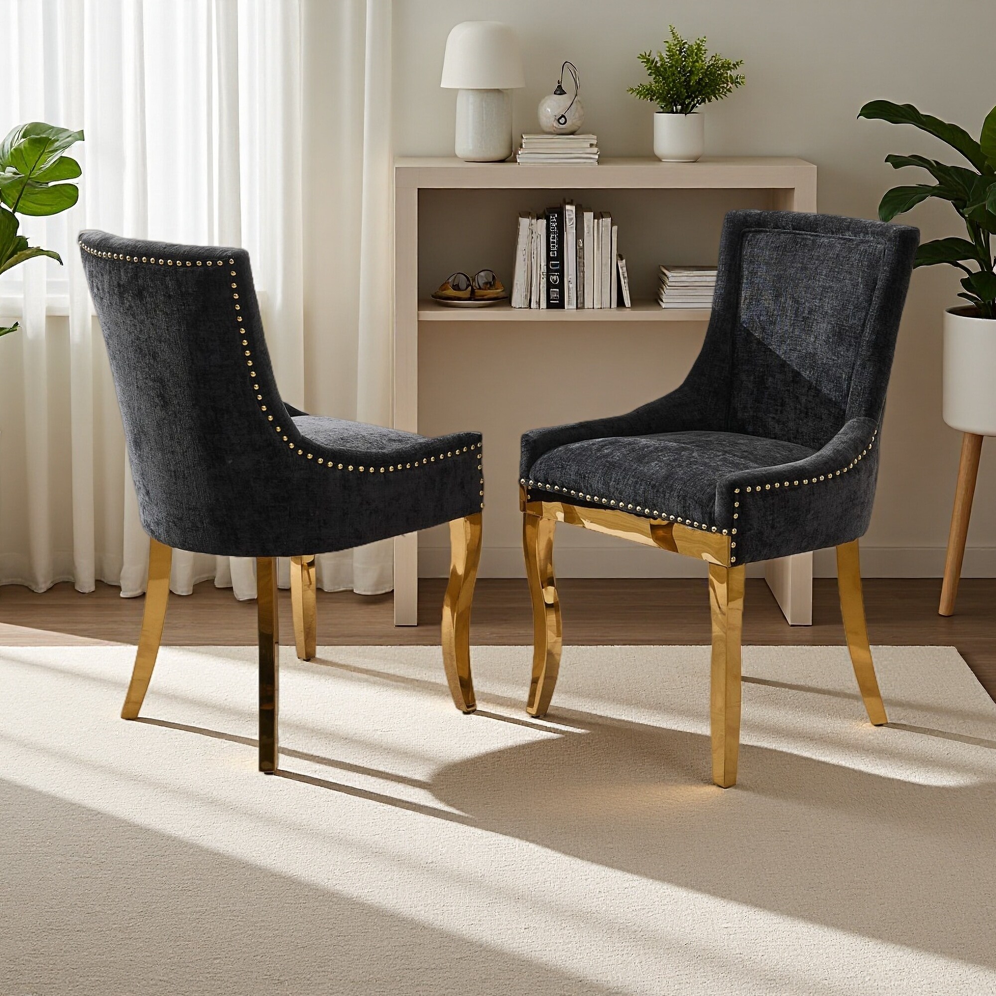 36.4"H Set of 2 Chenille Upholstered Dining Chairs with Curved Gold-Plated Legs & Rivet Trim-Textured Fabric, Plush Foam Cushion