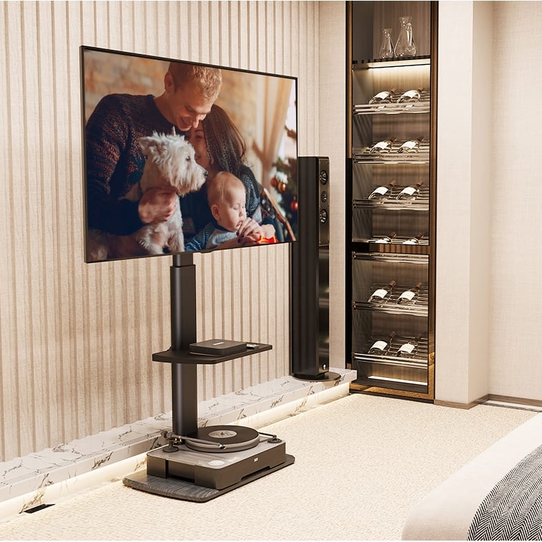 FITUEYES Sturdy Wood Bas Floor Stand TV Mount for 32-70 inch TVs with One Shelf - Black
