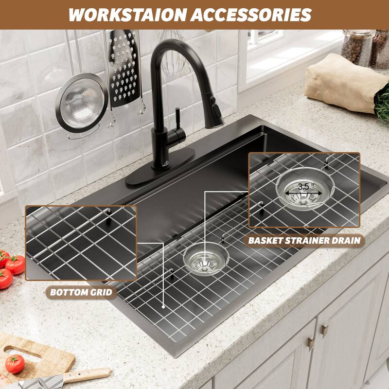 Drop-In Nano PVD Gunmetal Black Stainless Steel Workstation Kitchen Sink with 2-Function Pull-Down Kitchen Faucet & Accessories