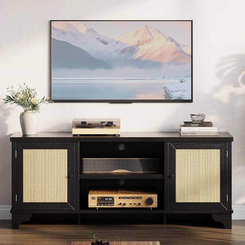 Farmhouse Entertainment Center Rattan TV Stand Fits TVs Up to 70 Inches for Living Room - N/A - Black