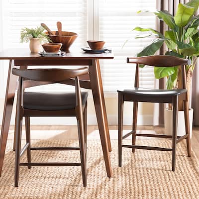 Eira Counter Stool - Wood Frame Counter-Height Chair with Curved Backrest and Black Faux Leather Seat, Mid-Century Modern