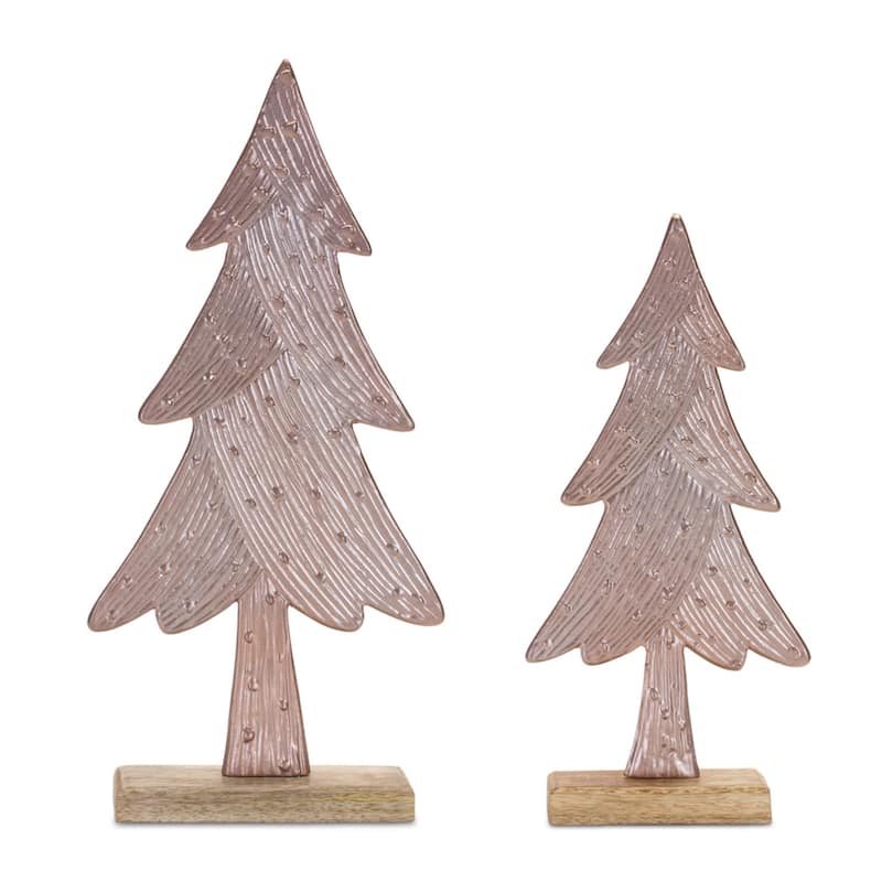 Set of 2 Metal Pine Trees with Mango Wood Base Holiday Decor - 5.25” x 2” x 11.5” - Brown