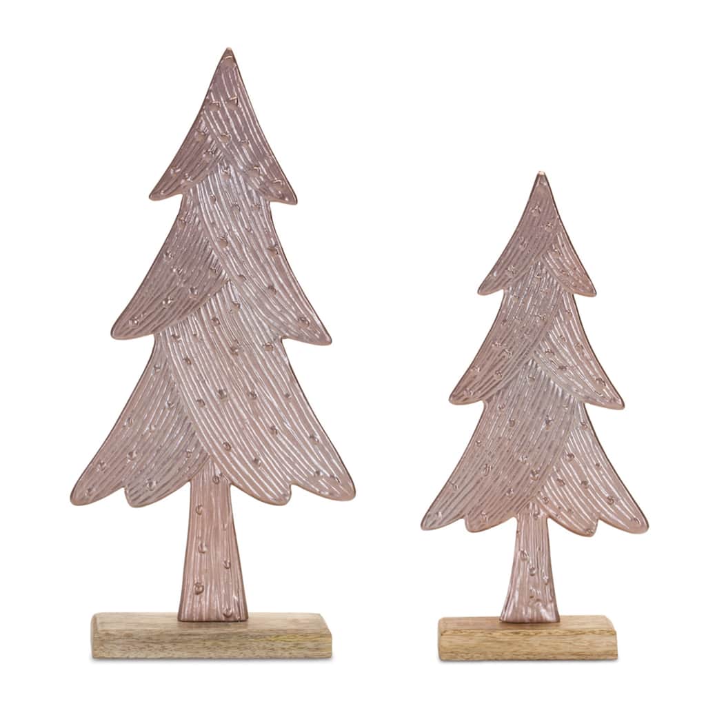 Set of 2 Metal Pine Trees with Mango Wood Base Holiday Decor - 5.25” x 2” x 11.5”