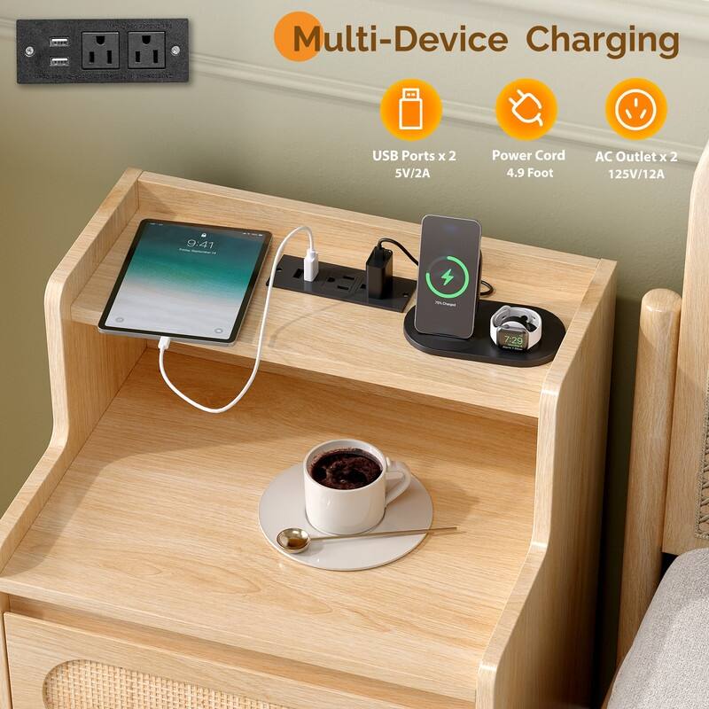 Oak Nightstand with 2 Drawers, Shelf, Socket & Rattan Detail