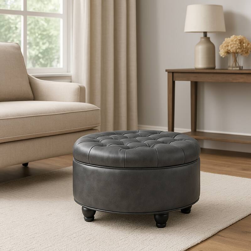 Gery 25 Inch Round Storage Ottoman with Tray Top, Dark Gray Faux Leather