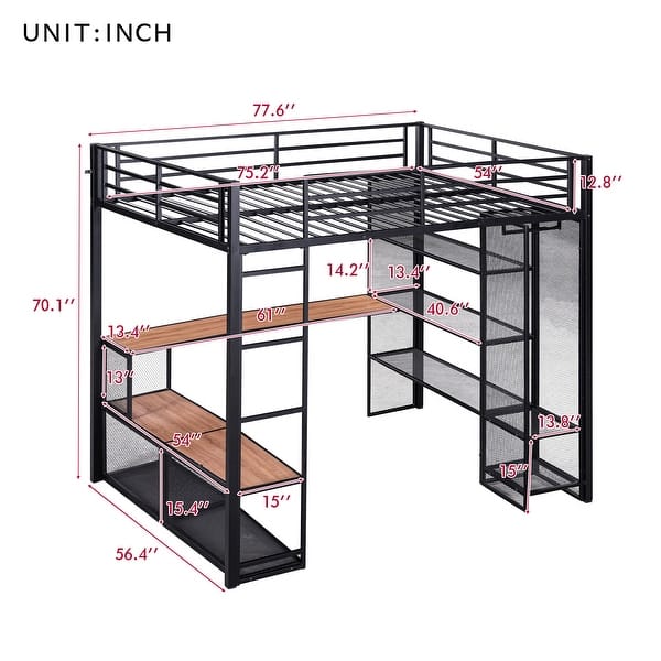 70"High Metal Full Size Loft Bed with MDF Shelves and Open Mesh Wardrobe