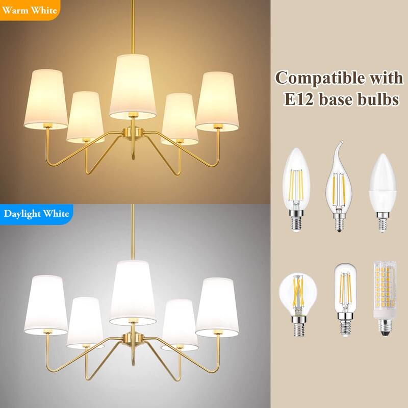 5-Light Modern Chandelier with White Shades,30"Brass Gold Chandelier,Classic Pendant Ceiling Light Fixture w/ E12 Base