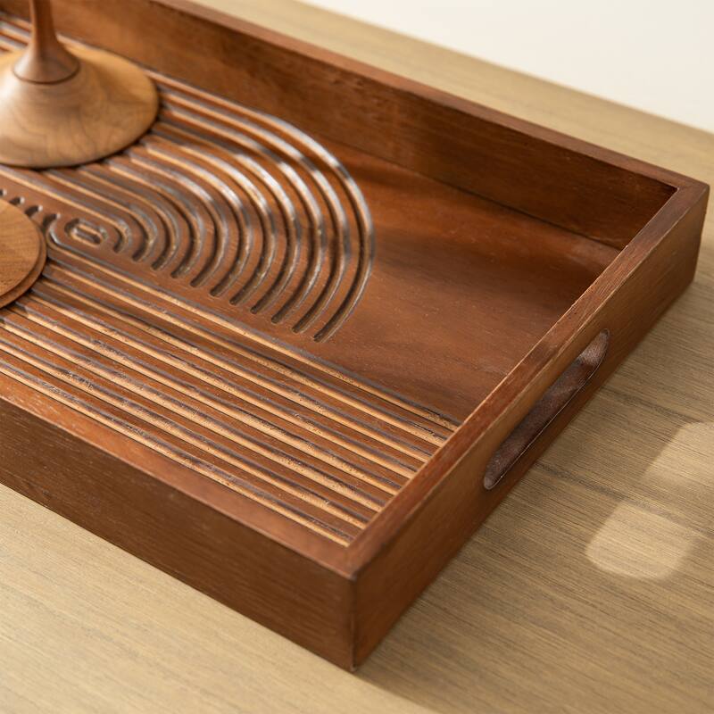 Glitzhome Set of 2 Rectangle Wood Abstract Carved Decorative Trays with Handles