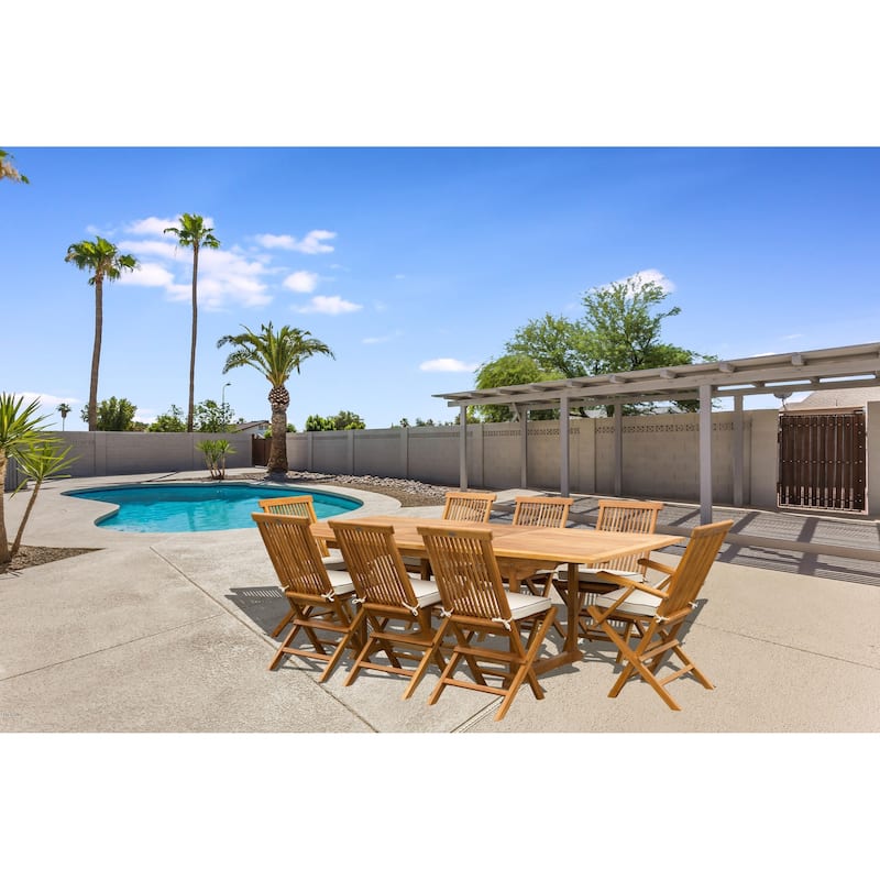 9 Piece Teak Wood Miami Patio Dining Set with Rectangular Extension Table, 8 Folding Arm and Side Chairs