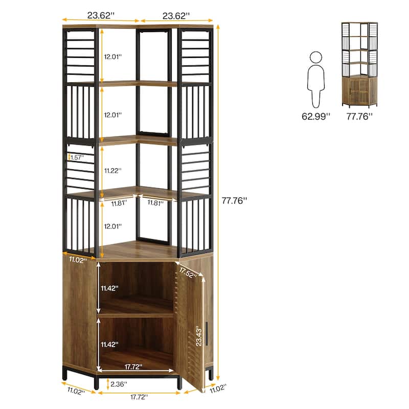 78 Inch Tall Corner Shelf with Cabinet, Industrial Bookshelf with Door