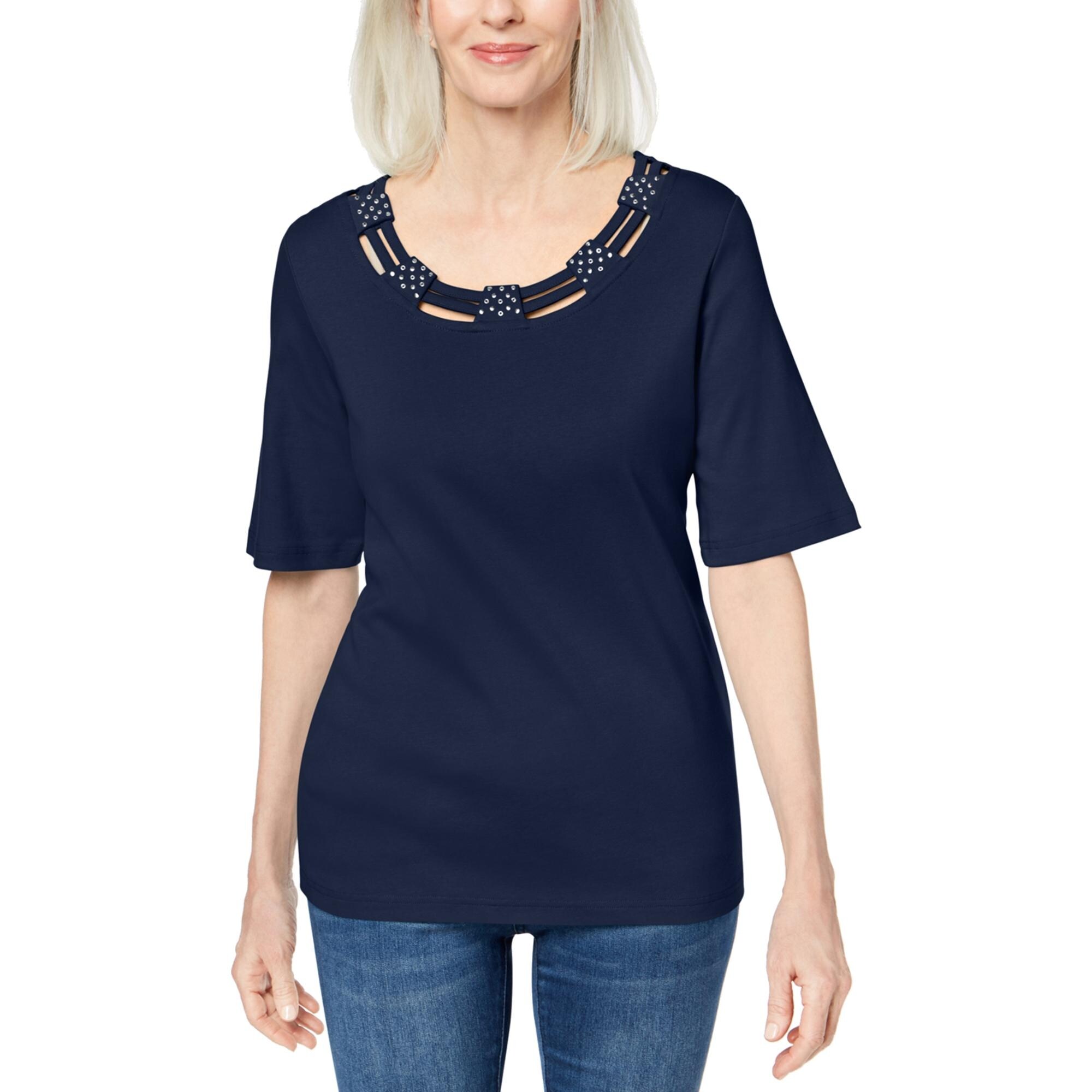 Shop Karen Scott Womens T Shirt Embellished Cut Out Deep Black