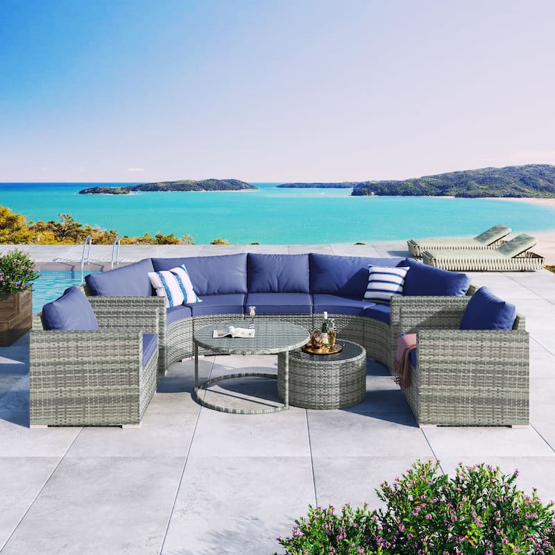 Modern 9-Piece Outdoor Round Sofa Set with Pillows and Cushions, Ideal for Patio, Courtyard, and Pool