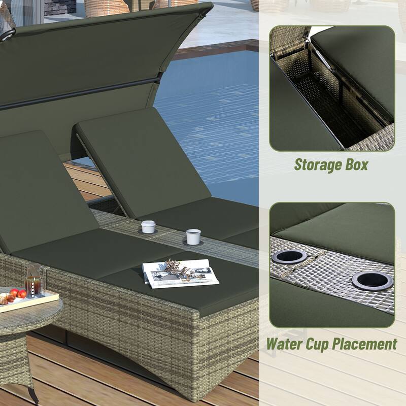 Outdoor Patio Rattan Daybed Sunbed with Canopy and Adjustable Backrest, Storage Box and 2 Cup Holders