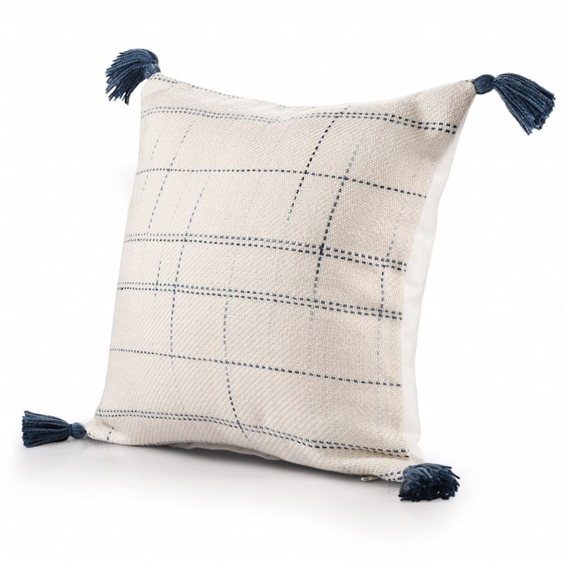 20" Ivory and Blue Throw Pillow