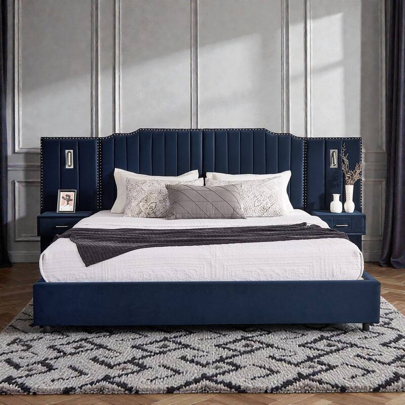 Modern Upholstered Bed Frame with Velvet Headboard, Vertical Channel Button Design, Integrated Nightstand, Platform Support