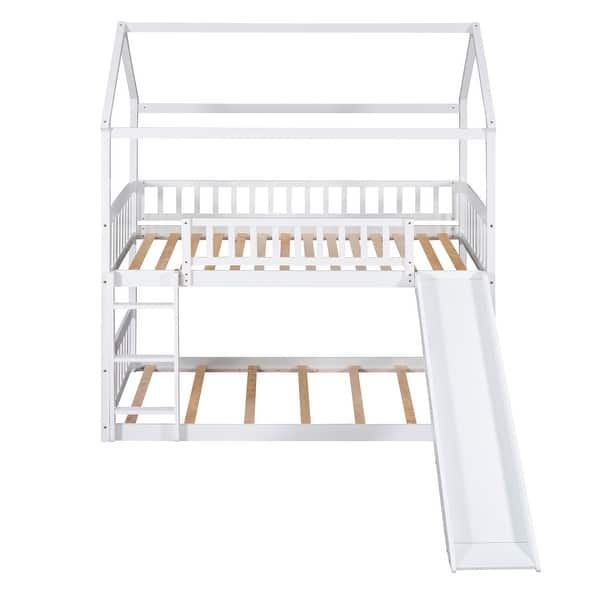 slide 2 of 12, House Design Twin Over Twin Wood Bunk Bed,Versatile Ladder and Slide White