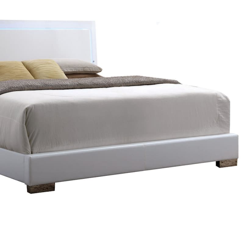 White Queen Bed with LED Light Headboard - Adjustable Illumination, Sturdy Wooden Slats