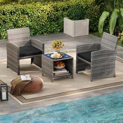 Gymax 3 Pieces Patio Furniture Set PE Rattan Chairs Set w/ Storage