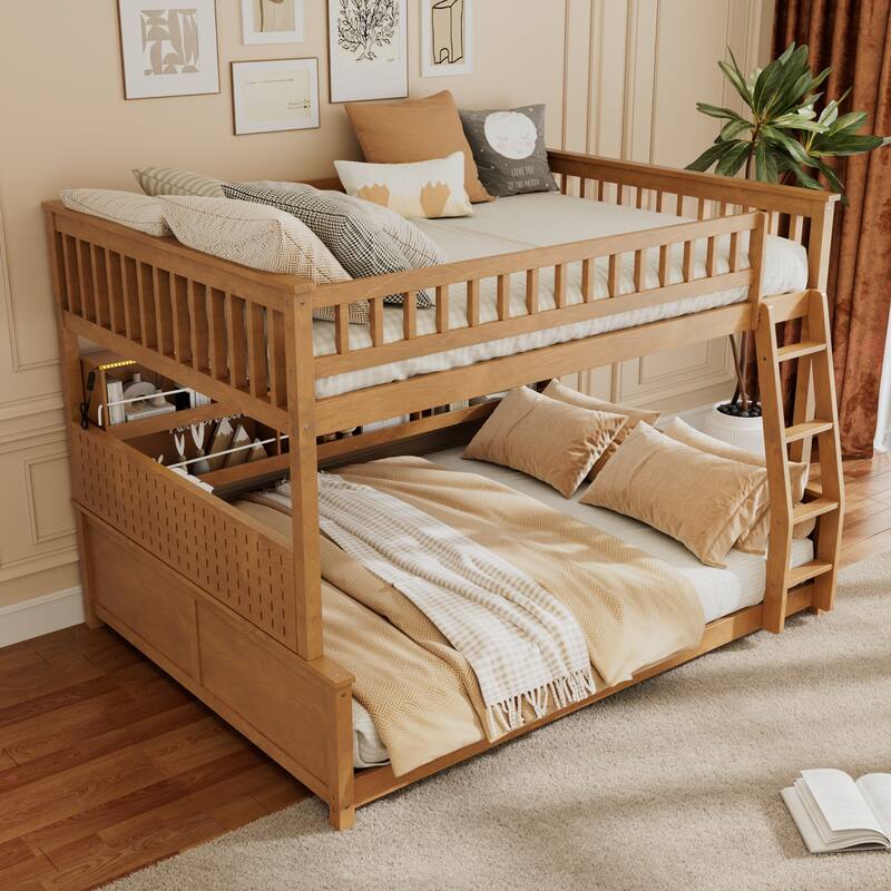 Full XL over Queen/Full over Full Bunk Bed with Integrated Shelving, Color-Changing Lights & Pegboard