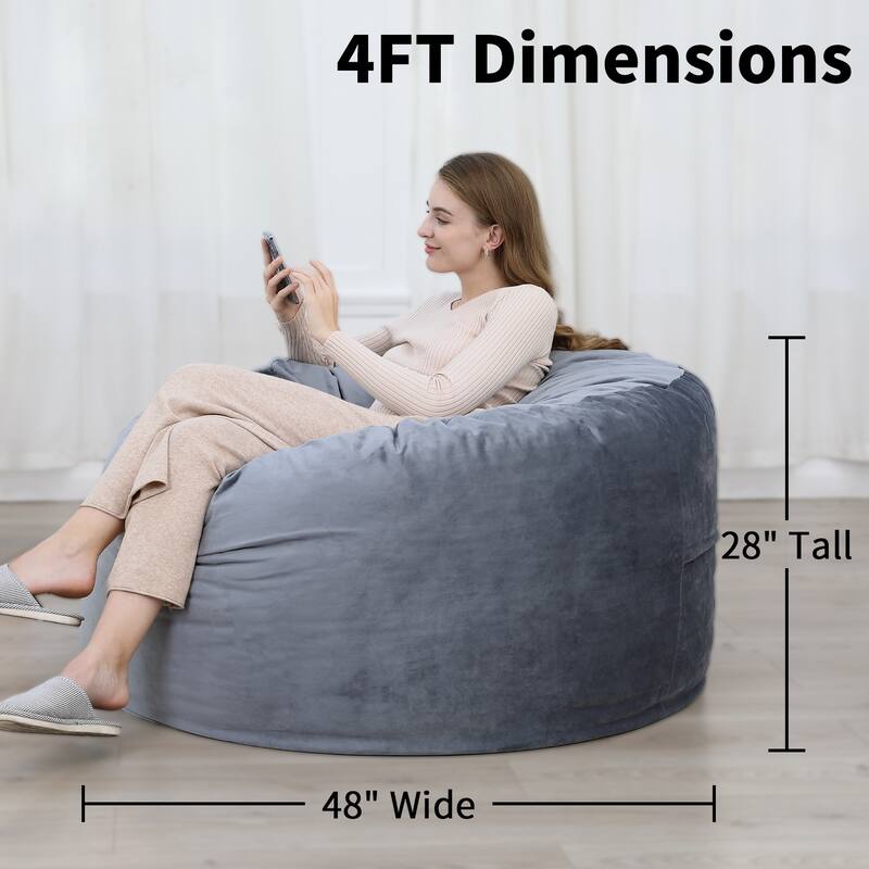 Bean Bag Chair 4FT Foam Filled, Removable Velvet Cover, Giant Bean Bag Chairs, Round Sofa Chair for Bedroom Gaming Room